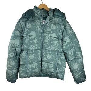 Mode of One Mens Seedling Green Floral Rose Camo Puffer Jacket Hooded Medium
